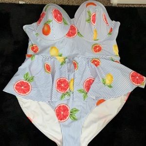Plus Size Swimsuit Blue Striped Fruit Print